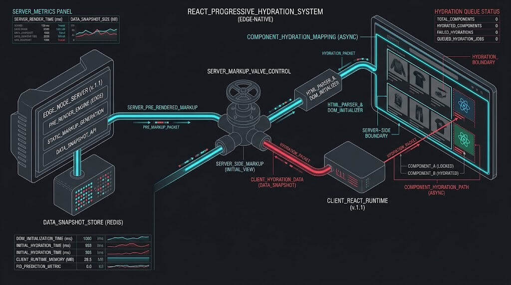 SFCC Composable Storefront progressive hydration schematic showing optimization paths for Largest Contentful Paint