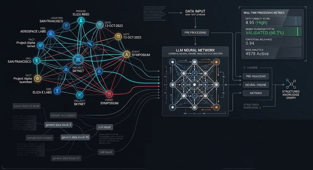 Technical diagram illustrating programmatic entity consolidation for Gemini and SGE AI Overviews.