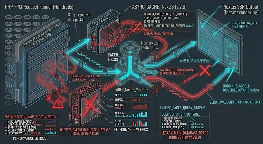 Technical block diagram illustrating how to prevent database cache stampedes in Shopware 6 using Symfony decorators and the XFetch algorithm.