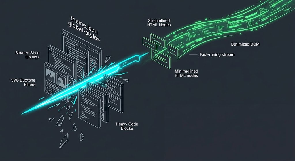 Technical diagram illustrating the removal of unused WordPress 7.0 global CSS and SVG filters from the document head to optimize TTFB.