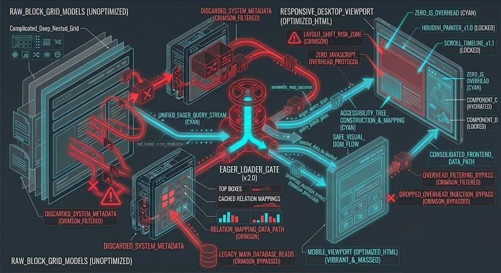 Isometric technical systems diagram illustrating how to bypass recursive server-side model hydration in Umbraco Block Grids by implementing high-performance cached partial views in .NET 8.
