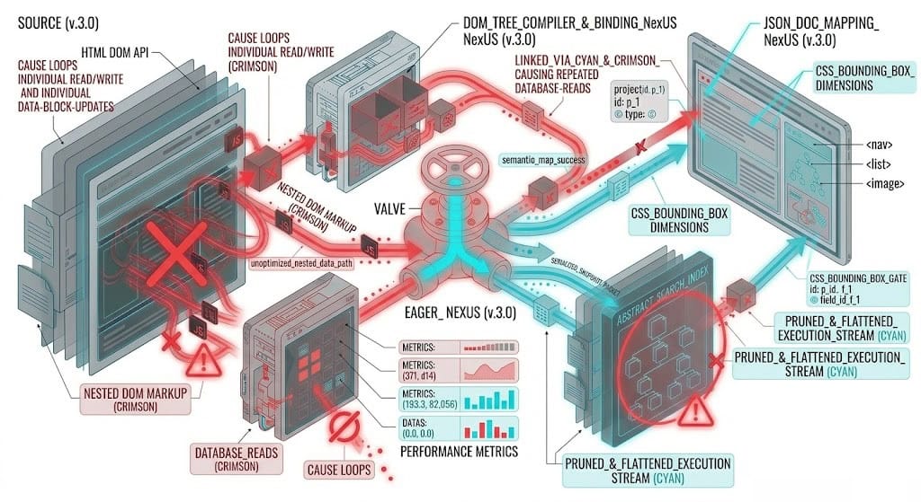 High-performance DOM node pruning diagram showing dynamic Webflow API fetching.