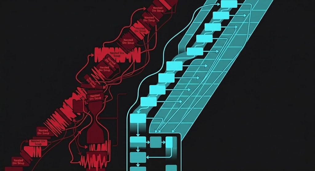 Diagram comparing deeply nested legacy Webflow div wrappers with a flat optimized CSS Grid layout bypassing rendering bottlenecks.