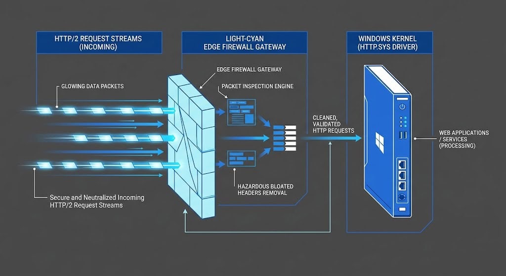 Architectural diagram showing a user-space edge proxy shielding the Windows HTTP.sys kernel-mode driver from HTTP/2 header decompression attacks.