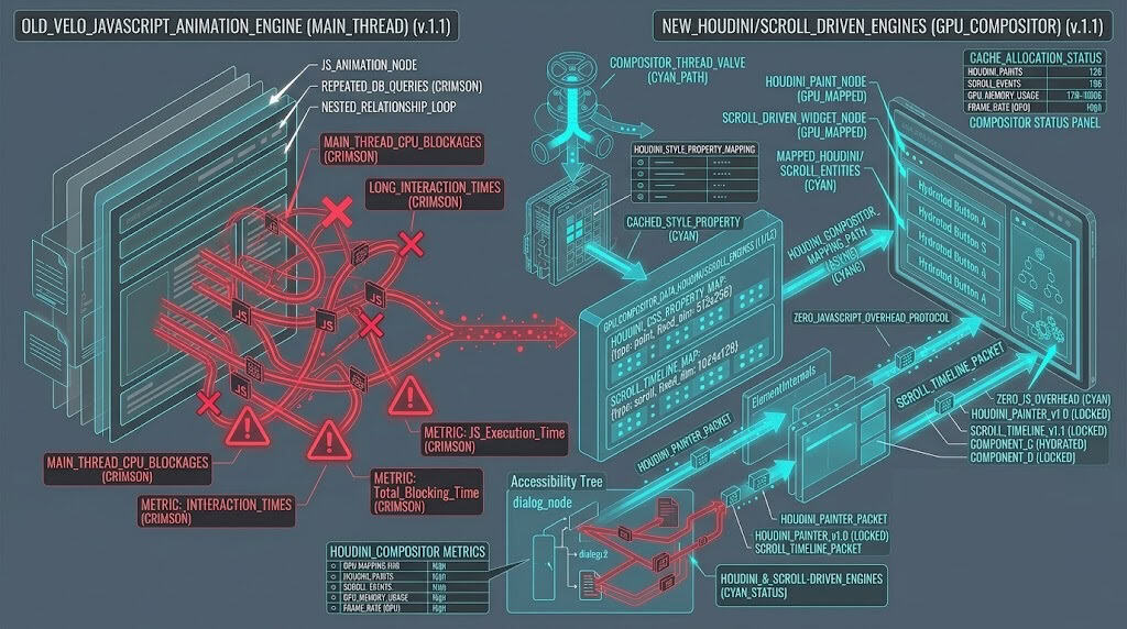 Technical block diagram illustrating the redirection of animation payloads from Velo JavaScript execution to CSS Houdini on GPU compositor threads inside Wix Studio.