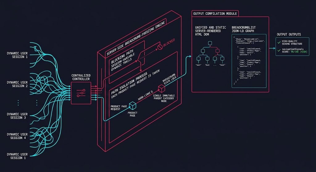 Technical flow diagram illustrating an enterprise WooCommerce breadcrumb filter blocking dynamic trail shifts to freeze navigationSignals.
