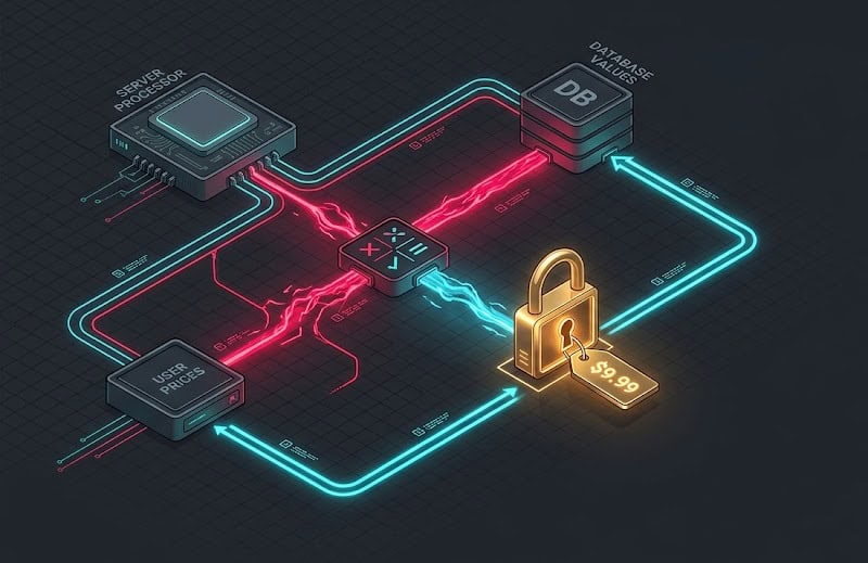 Technical schematic illustrating server-side offer validation to prevent AI pricing hallucinations.