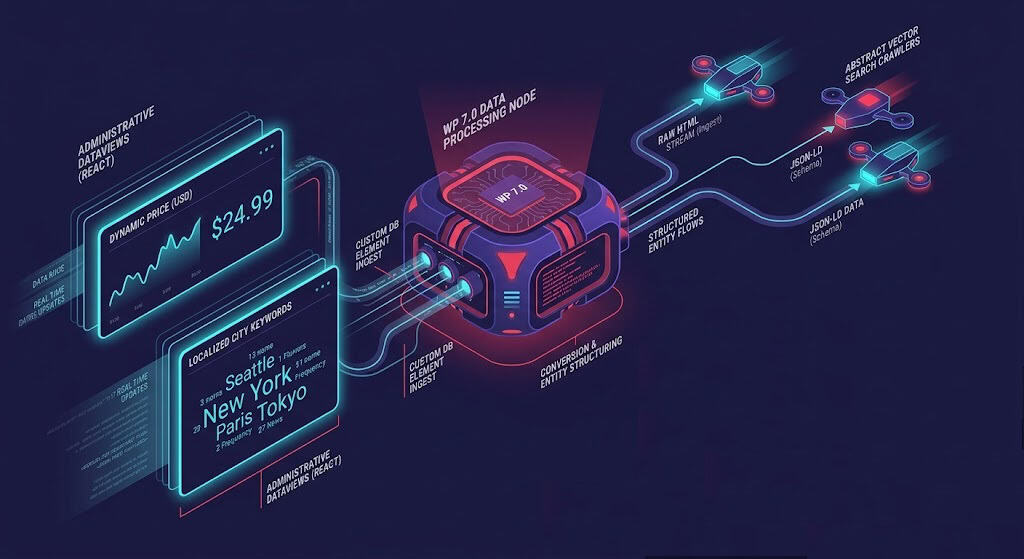 Structural diagram showing the new WordPress 7.0 React-based DataViews admin grid interface exposing programmatic custom fields and rendering them cleanly for AI engines.