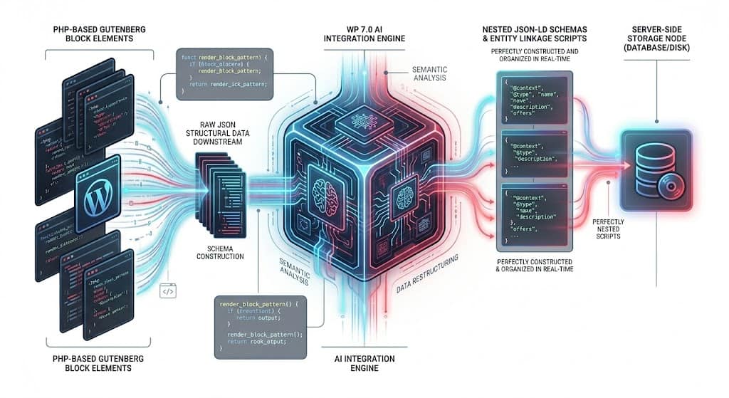Technical schematic detailing how WordPress 7.0 core theme files interface with the native server-side AI client API to write JSON-LD block markup automatically.