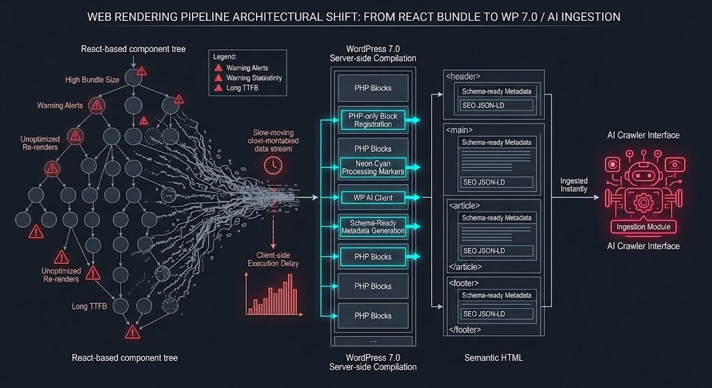 Technical schematic displaying the performance-tuning pipeline from React-based blocks to server-side rendered PHP blocks for AI crawlers.