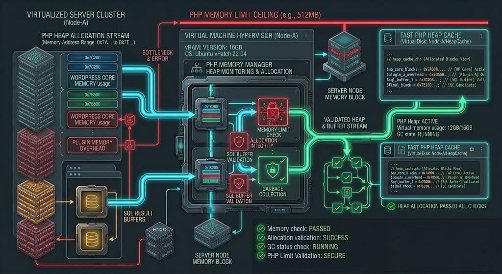 Diagram of PHP heap memory allocations showing the memory threshold boundary limit that triggers fatal WordPress errors.