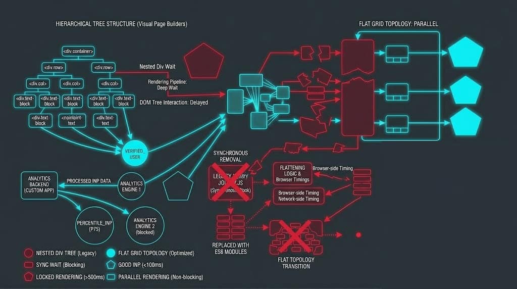 Technical blueprint displaying structural conflict isolation between the WordPress Interactivity API block runtime and legacy theme JavaScript execution loops.