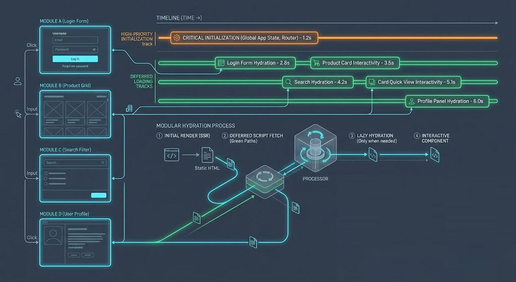 Structural architectural layout representing deferred state hydration and main-thread scheduling within the WordPress Interactivity API.