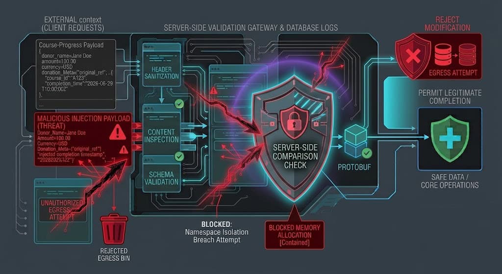 Technical flow diagram displaying the server-side progress validation filter intercepting and blocking unauthorized course-progress modifications.