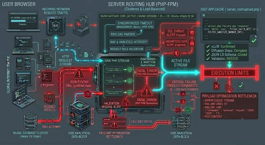 Technical flowchart blueprint illustrating how server file size limits trigger the upload expired link error