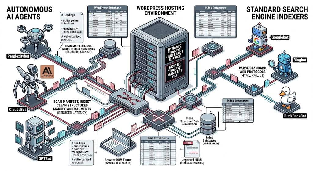 Technical systems schematic displaying how a dynamic llms.txt manifest file directs AI crawlers like Perplexitybot and GPTBot to ingest high-density Markdown fragments
