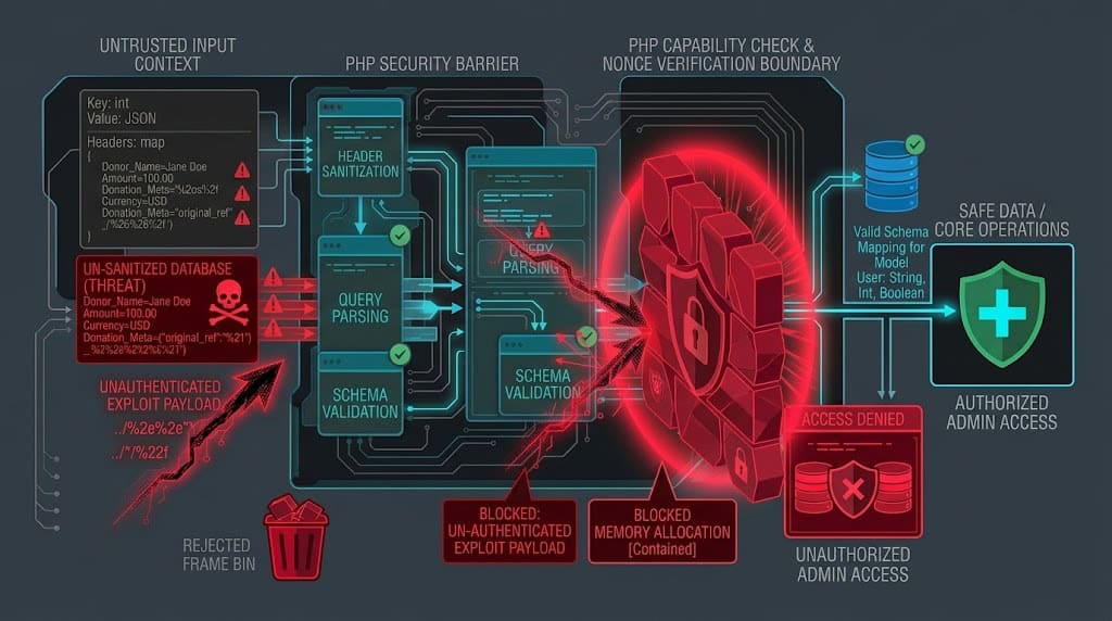 Technical diagram illustrating the endpoint authorization lock on the WP Migration export route to prevent unauthenticated data exfiltration.