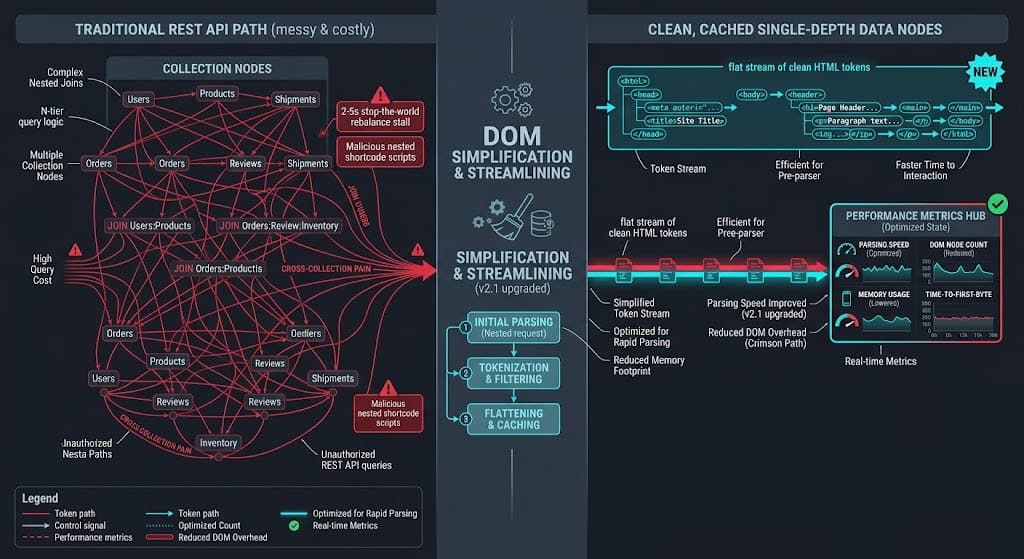 Technical security illustration showing an MU-plugin patch intercepting unauthorized REST API shortcode payloads.