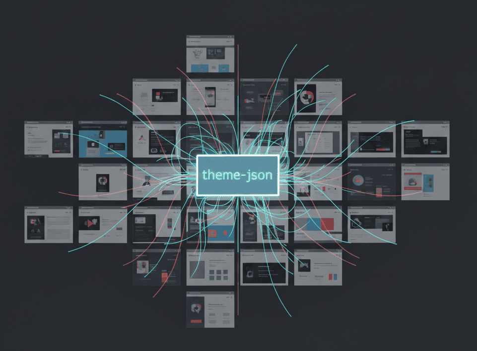 Structural overview of a standardized theme-json deployment across a large network of multisite WordPress environments.