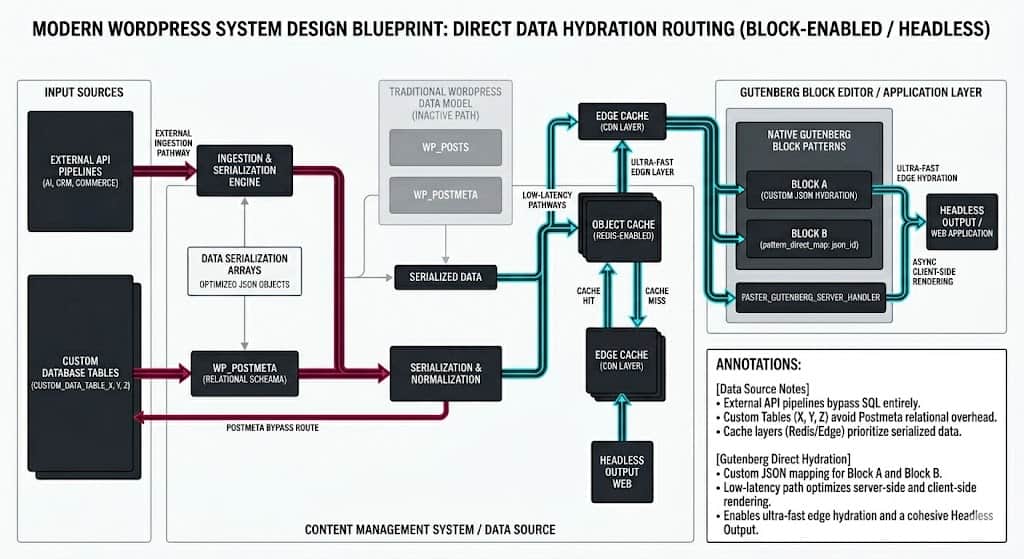 Architecture diagram of a low-latency database routing pipeline for programmatic SEO, contrasting traditional postmeta structures with direct-to-block pattern delivery.