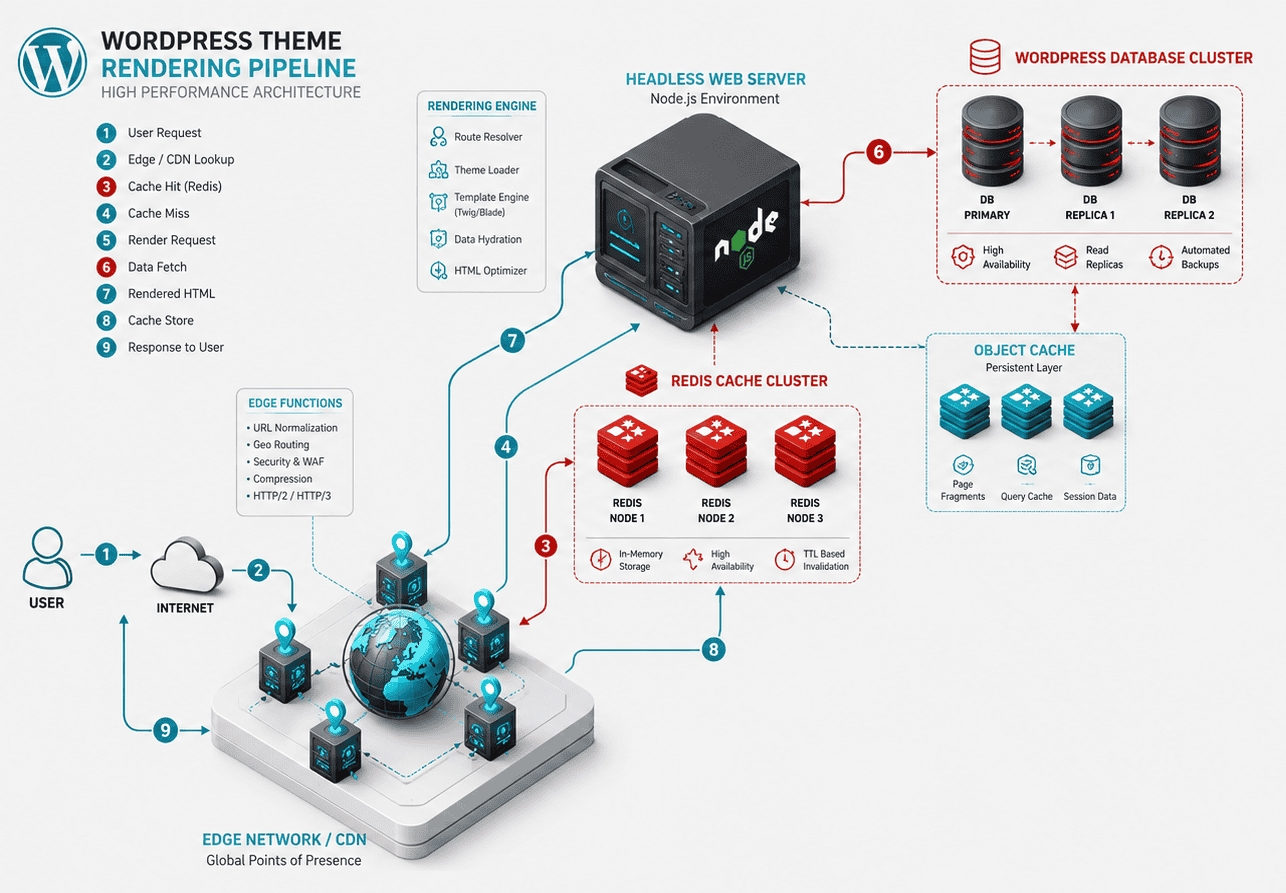 Technical isometric diagram detailing a high-performance WordPress theme pipeline optimized for QDF search traffic surges.