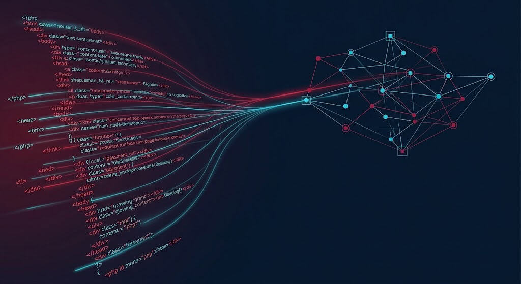 Visual representation of WordPress 7.0 PHP-only blocks bypassing React to serve raw HTML structures directly to AI search crawler bots.
