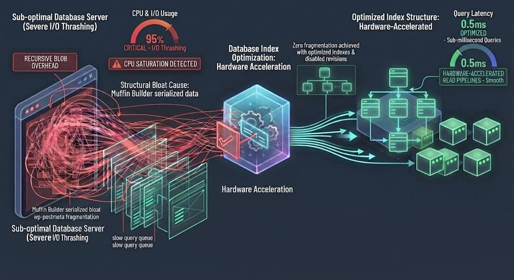 Technical schematic illustrating BeTheme database optimizations, featuring postmeta pruning and revision lockdowns to prevent Muffin Builder database bloat.
