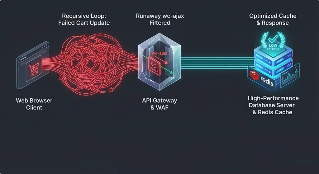 Technical schematic displaying WooCommerce AJAX cart fragment loops bypassed by edge caching and local-storage synchronization in Divi.
