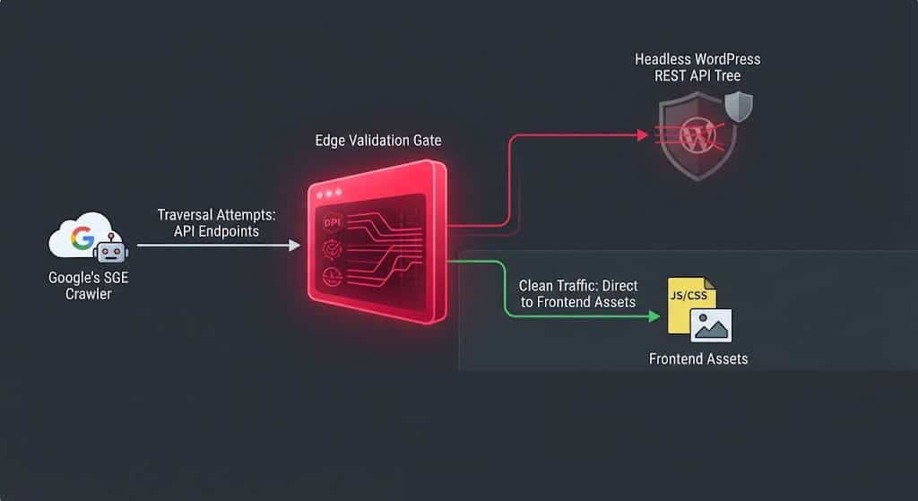 Technical diagram illustrating an edge reverse proxy blocking crawler traversal on /wp-json/ endpoints while directing crawlers to index frontend assets.