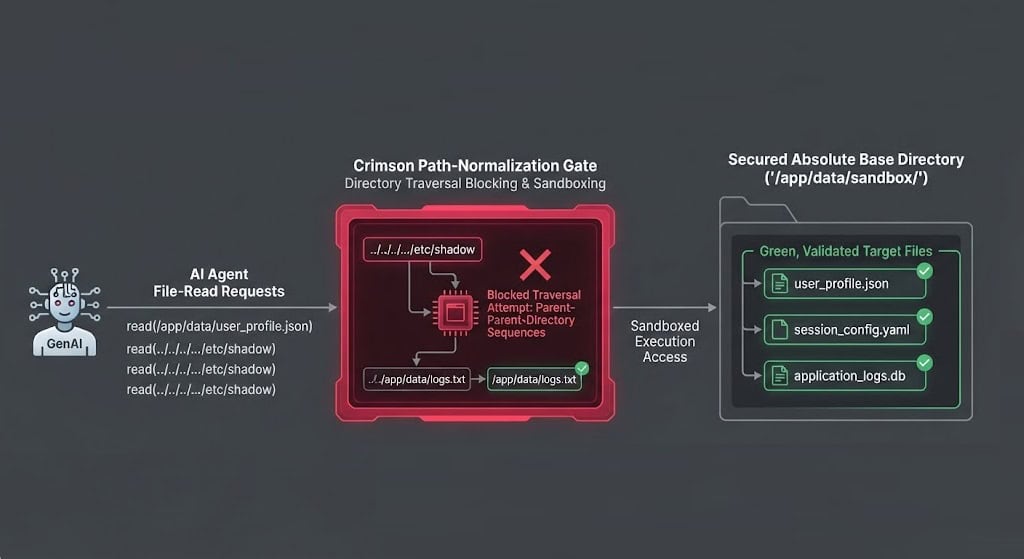 Security diagram illustrating a Chroot-style path-normalization layer intercepting and validating file-access requests from an AI agent.