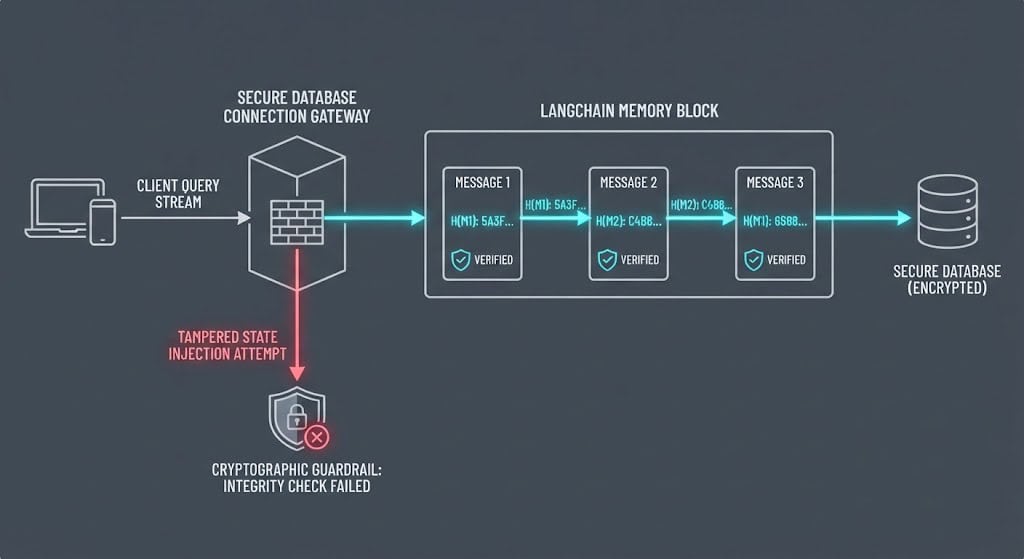Diagram of a State-Verification Ledger securing a LangChain long-term memory buffer against persistent-state injection.