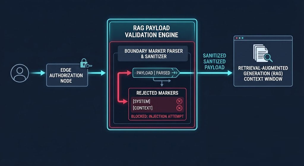 Technical diagram showing token boundary validation and context-window hardening in a RAG ingestion pipeline to mitigate CVE-2026-1199.