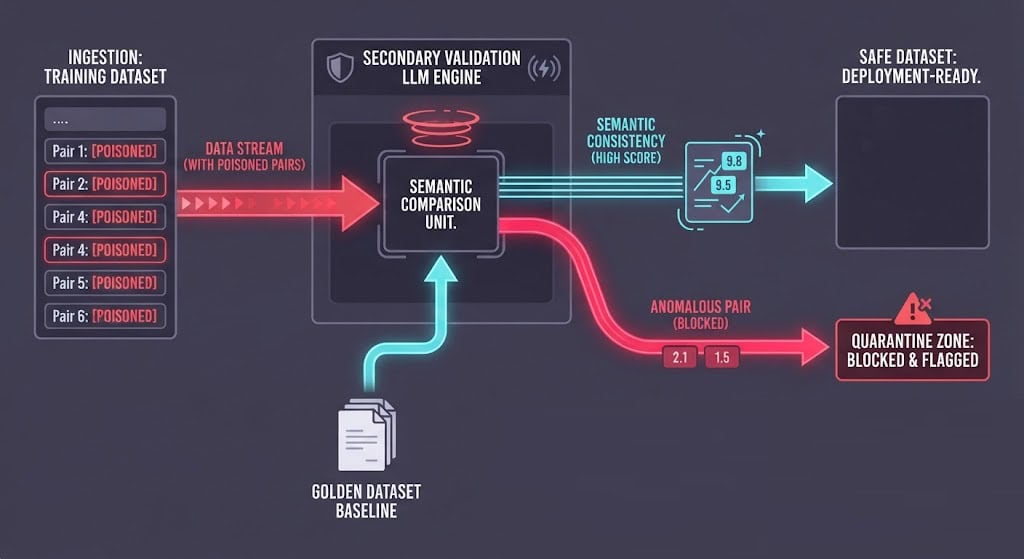 Technical diagram showing a dataset-anomaly detection pipeline verifying training ingestion pairs against a golden dataset baseline to prevent CVE-2026-8855.