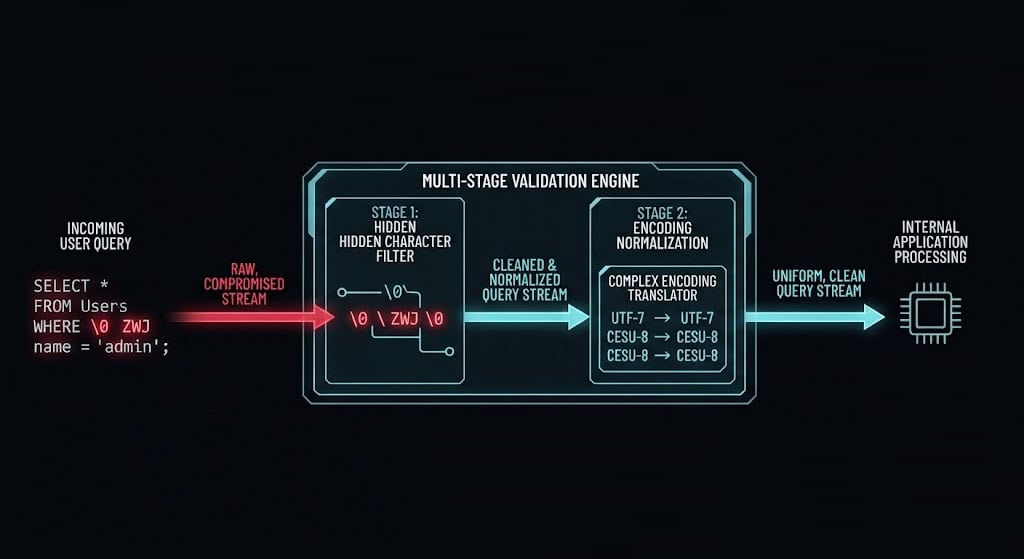 Technical diagram illustrating a multi-stage character normalization proxy protecting LLM inference engines against prompt-injection exploit CVE-2026-3304.