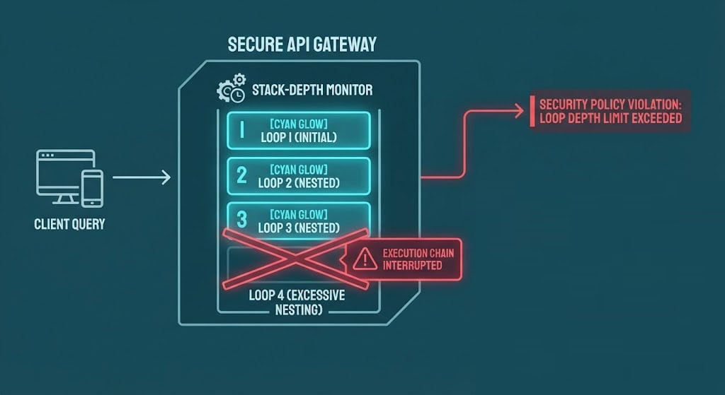 Architectural diagram illustrating an inference gateway stack-depth monitor stopping recursive prompt loops and denial of wallet attacks.