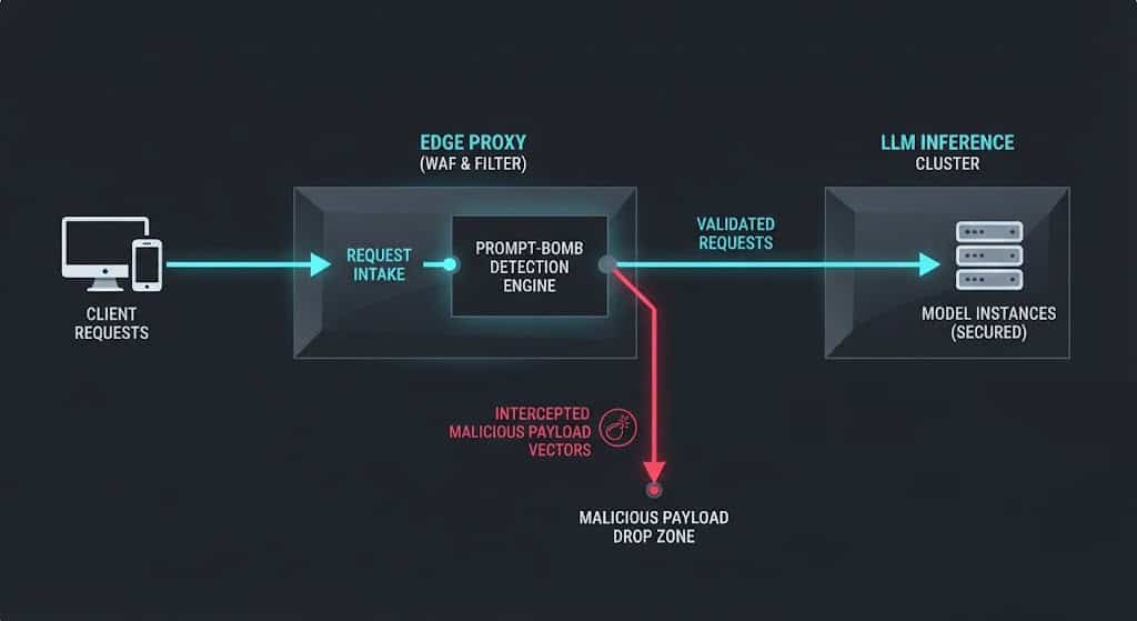 Diagram of an Edge-Proxy implementing token-budget session validation to block CVE-2026-4401 prompt-bombs.