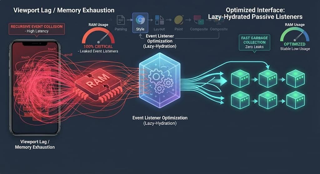 Technical schematic illustrating OceanWP mobile menu optimizations, featuring passive event listeners and lazy DOM hydration to prevent browser memory leaks.