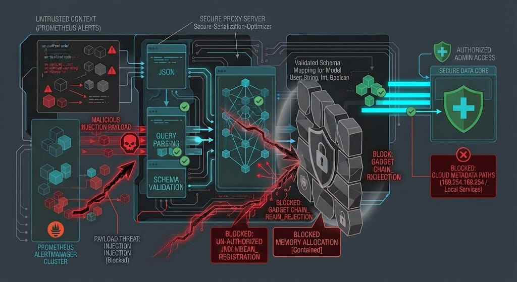 Technical schematic illustrating SSRF-proof webhook configurations and network-level egress-proxy routing for Prometheus Alertmanager.