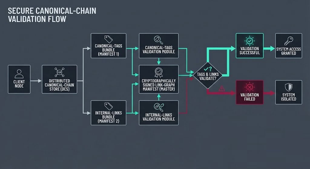 Technical block diagram detailing a canonical-chain validation pipeline to prevent SGE semantic-redirect hijacking.