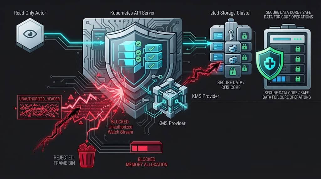 Structural diagram demonstrating the validation of watch queries and KMS envelope encryption in a secure Kubernetes control plane.