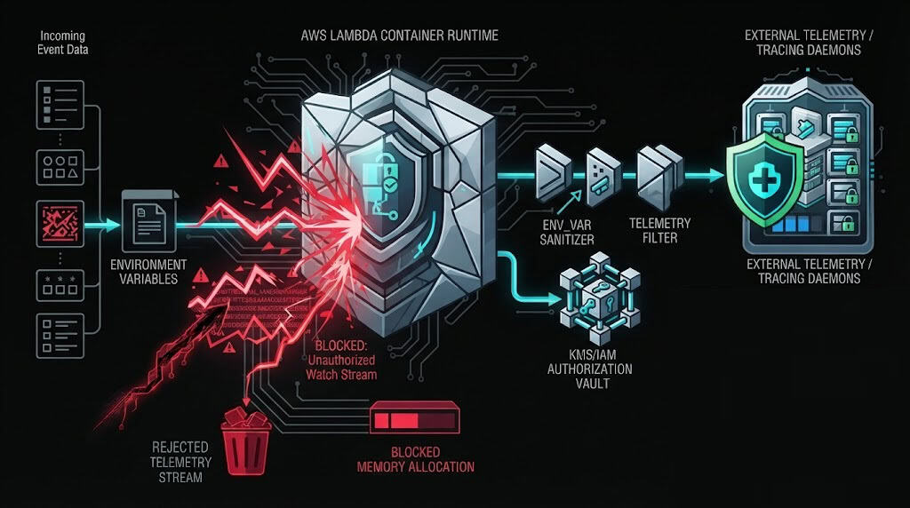 Structural diagram demonstrating an environment-scrubbing runtime wrapper for AWS Lambda to prevent tracing leakage.