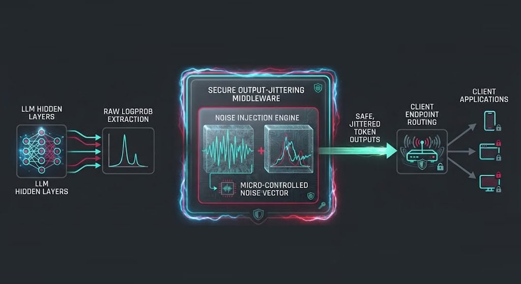 Secure LLM inference pipeline showcasing output-jittering middleware to mitigate CVE-2026-0081 model-stealing exploits.