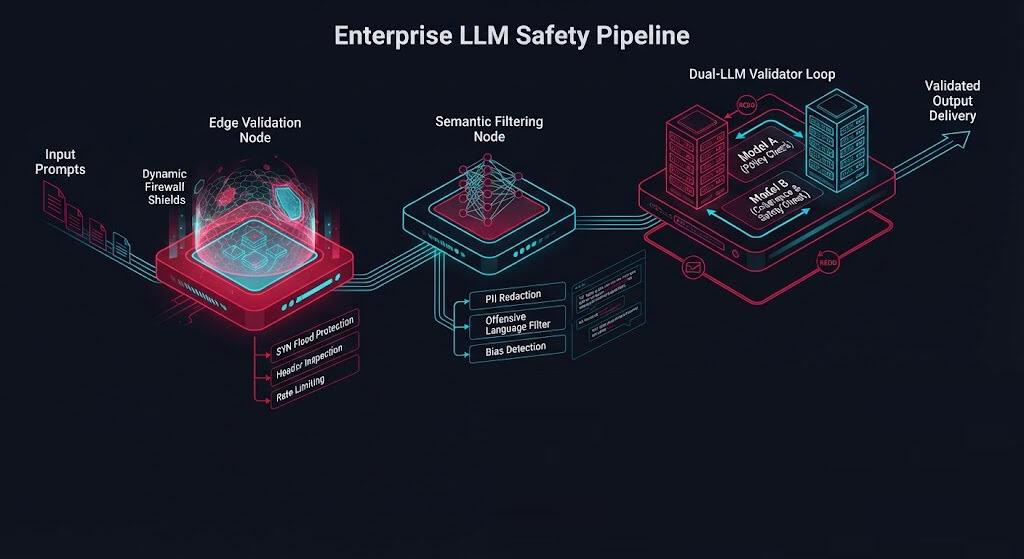 Enterprise architecture diagram detailing multi-tiered validator nodes securing LLM inference against system-instruction jailbreak exploits.
