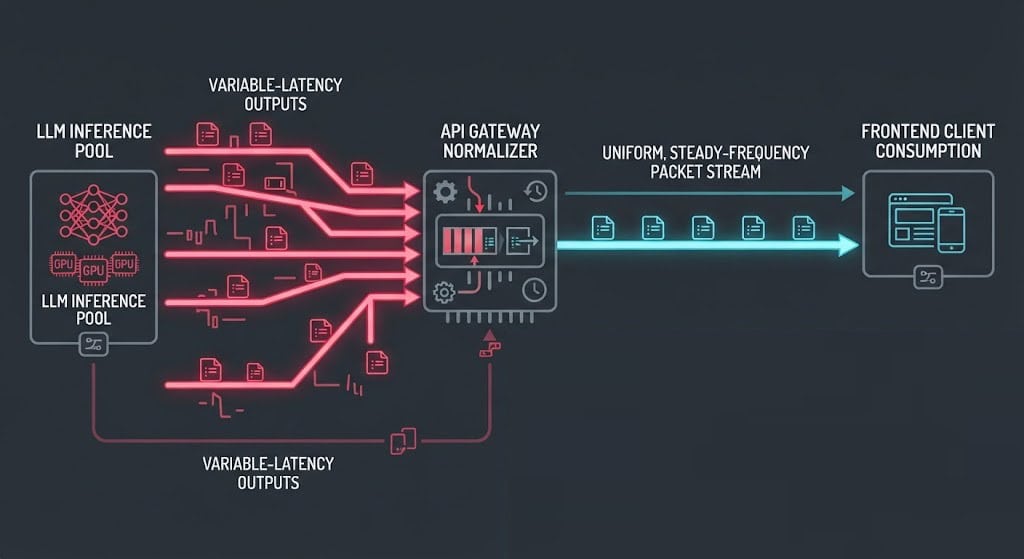 Architecture diagram showing constant-latency response normalization protecting LLM context credentials from side-channel timing analysis.