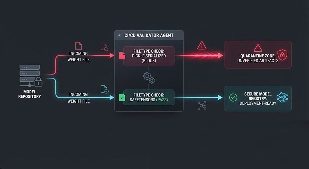 Diagram of a pre-commit validation pipeline blocking pickle and joblib model files to prevent CVE-2026-4482 RCE exploits.