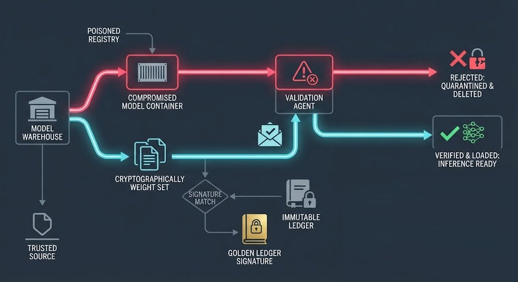 Architecture diagram of Cryptographic Model-Bill-of-Materials (CBOM) auditing model weights to prevent CVE-2026-2241 supply-chain attacks.