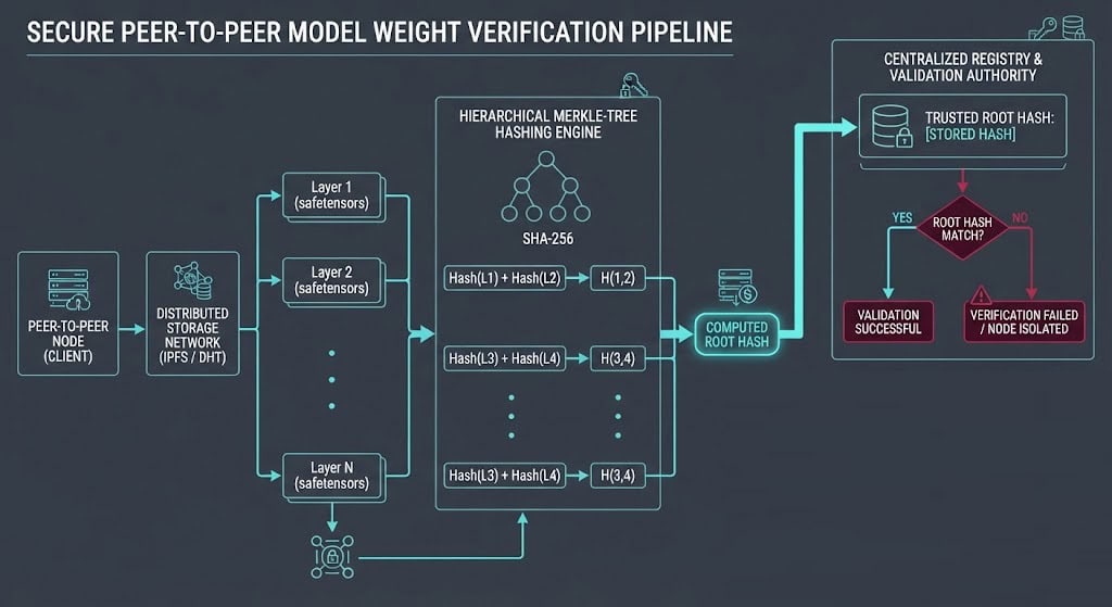 Technical block diagram outlining the implementation of Merkle-tree signature verification to prevent model-weight corruption in peer-to-peer networks.