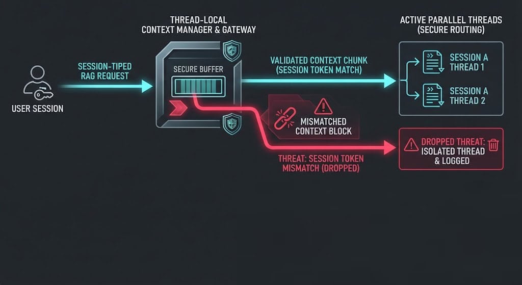 Diagram of context-isolation middleware enforcing thread-local session pinning to prevent CVE-2026-6649 context desynchronization in RAG.