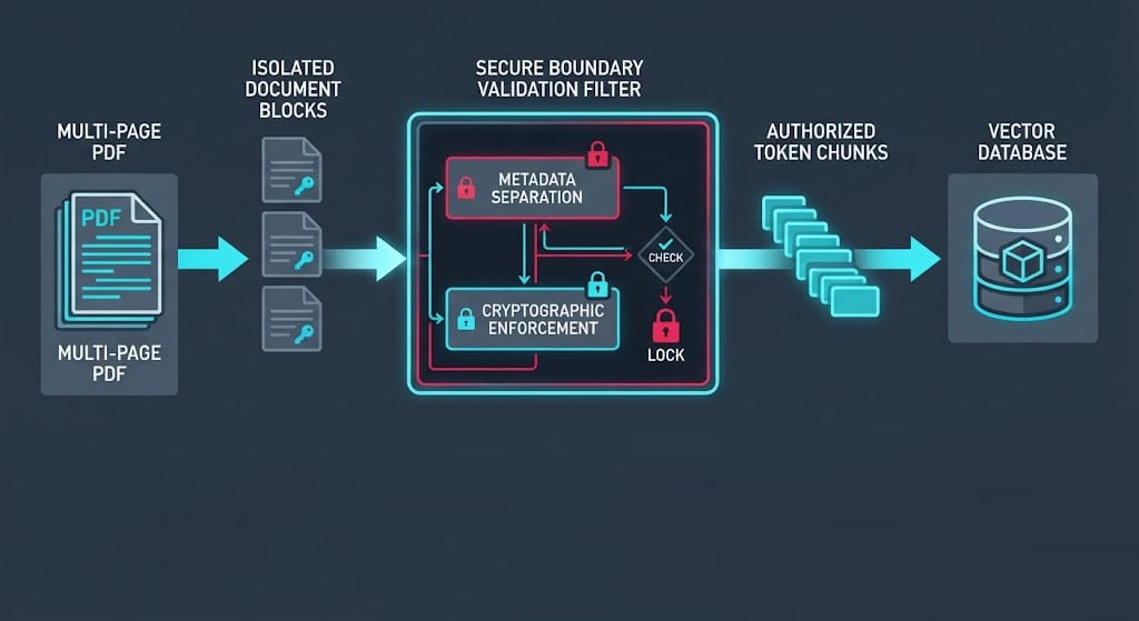 Secure metadata-aware document chunking architecture diagram illustrating token isolation to patch CVE-2026-9912 data leaks.