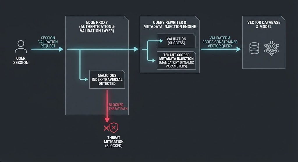 Architecture diagram of scope-constrained retrieval middleware enforcing tenancy filters to block CVE-2026-8801 index-traversal exploits.